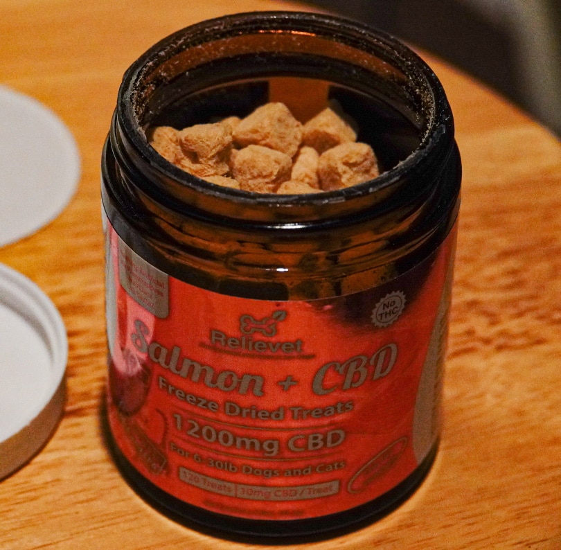 Relievet dog treat open bottle