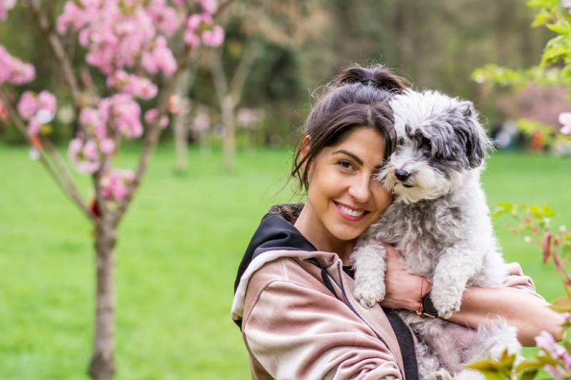 Woman Hugging Her Cute Havanese Dog