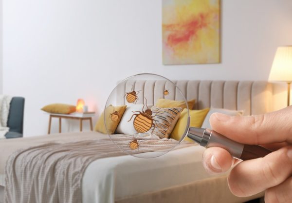 Woman with magnifying glass detecting bed bugs in bedroom