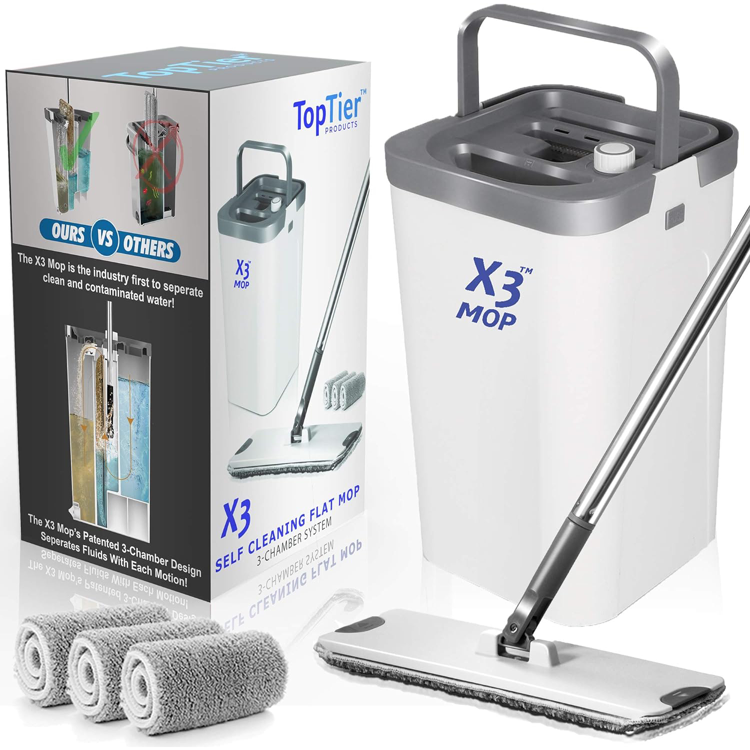 X3 Mop, Separates Dirty and Clean Water, 3-Chamber Design