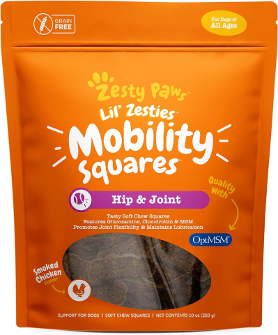 Zesty Paws Flavored Soft Chew Squares - Hip and Joint for Dogs with Glucosamine Chondroitin & MSM Dog Mobility Supplement for HIPS Joints Cartilage Support Plus Green Lipped Mussel