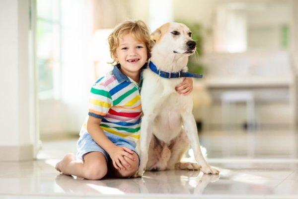 child hugging the dog