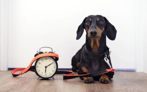 dachshund dog sitting on the floor beside an alarm clock