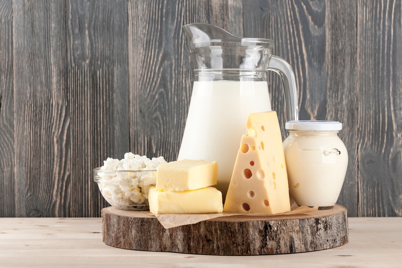 dairy products on wooden board