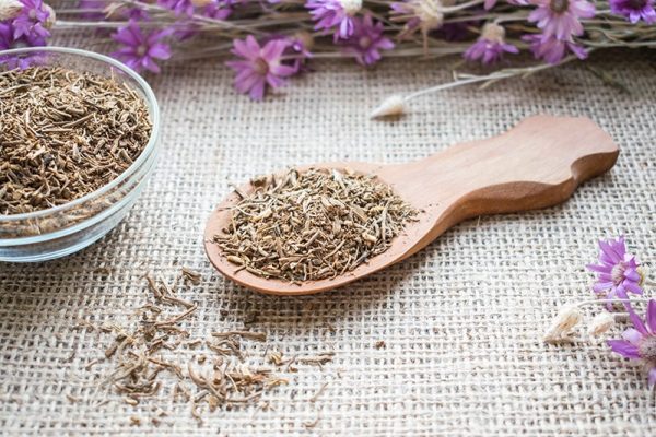 dried valerian root on wooden spoon