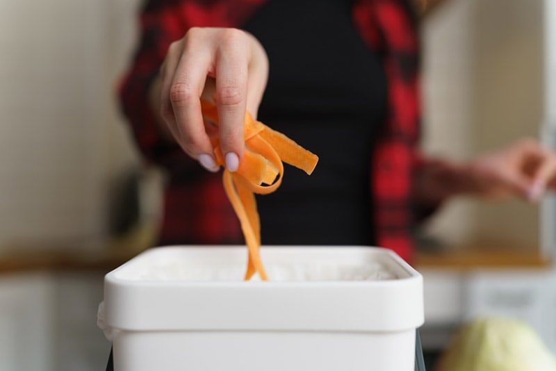 female hands throwing food scraps into the trash bin