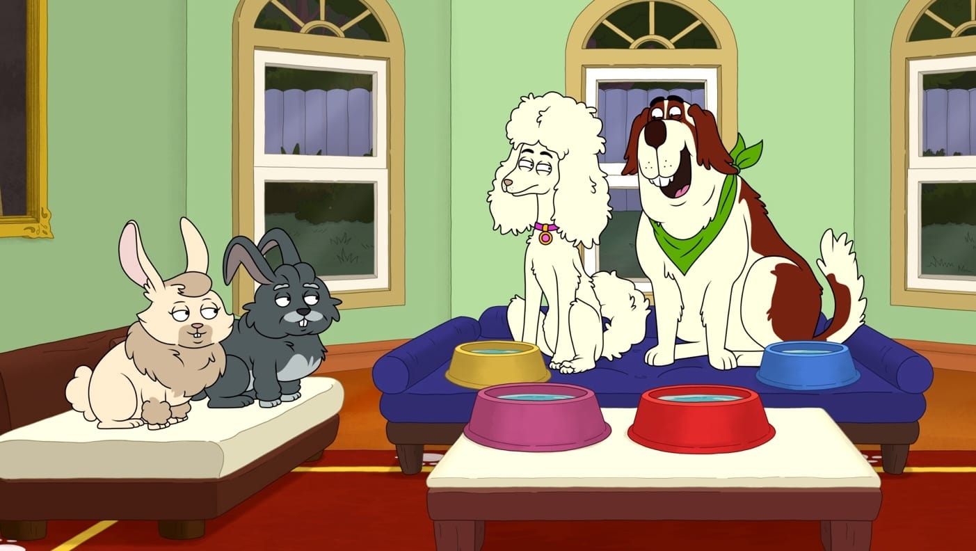 Honey and Chief from Housebroken on FOX in their mansion