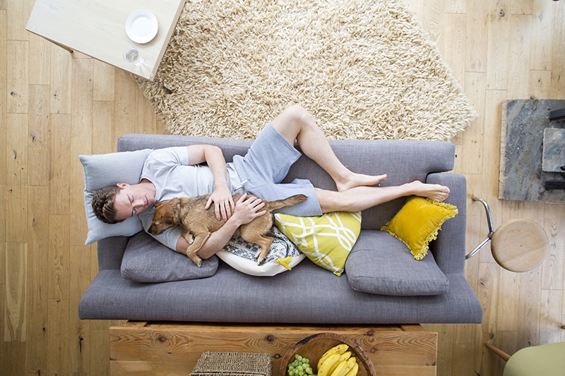 man sleeping on the sofa with his dog lying on him