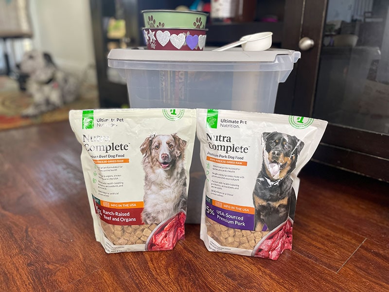 nutra complete premium beef and pork dog food packaging