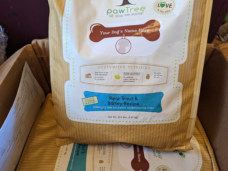 pawtree real trout and barley recipe in the box