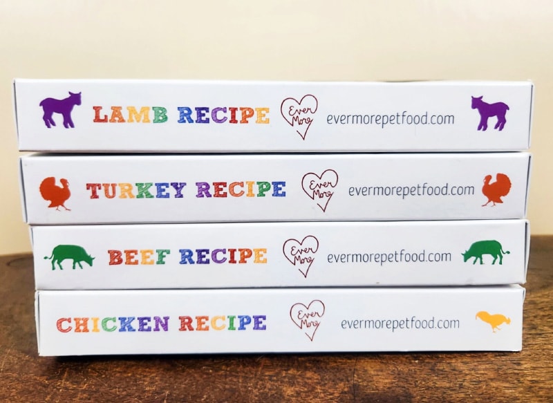 stacked evermore dog food boxes