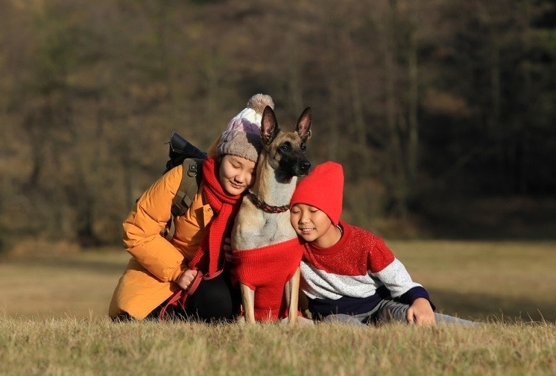 two kids hugging a belgian malinois outdoors