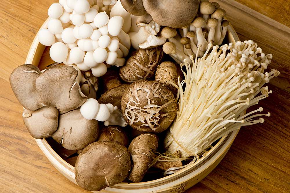 Variety of mushrooms in a basket
