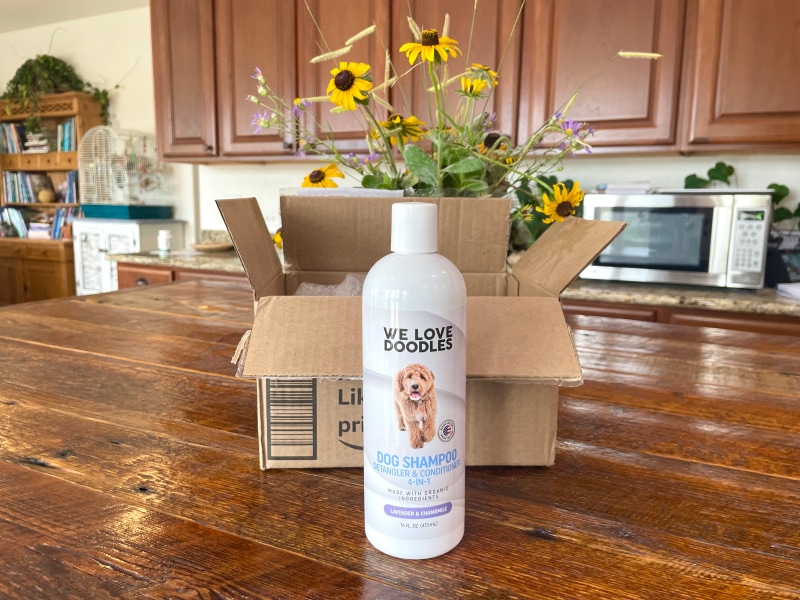we love doodles dog shampoo on the table