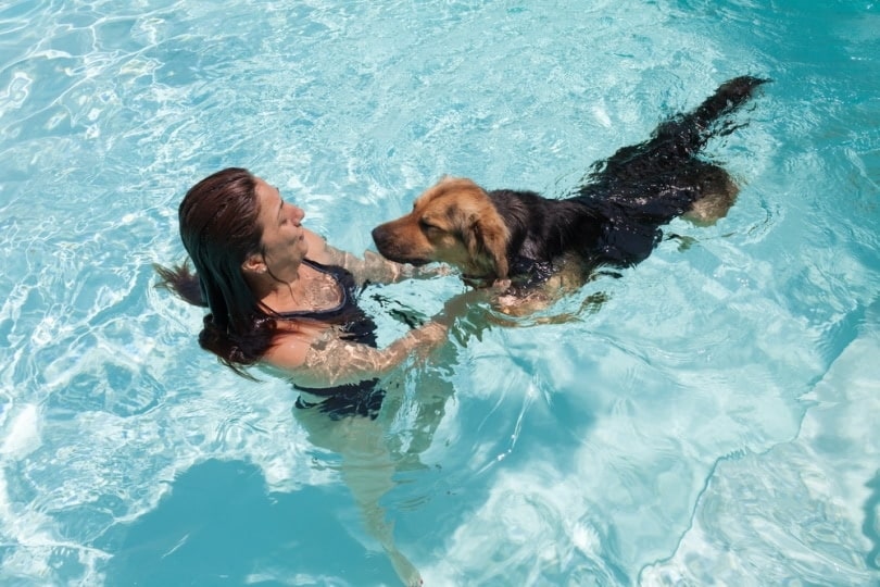 woman swimming with her dog in the pool