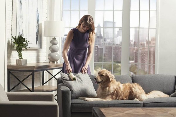 woman using Evercare Pet Plus Extreme Stick Ergo Grip Pet Lint Roller
