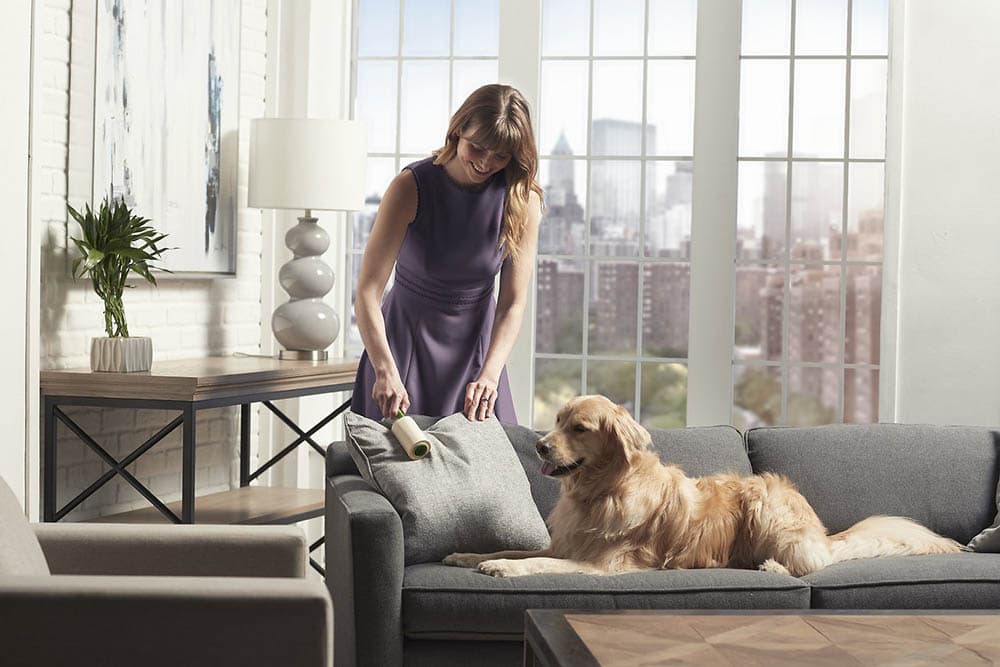 woman using Evercare Pet Plus Extreme Stick Ergo Grip Pet Lint Roller