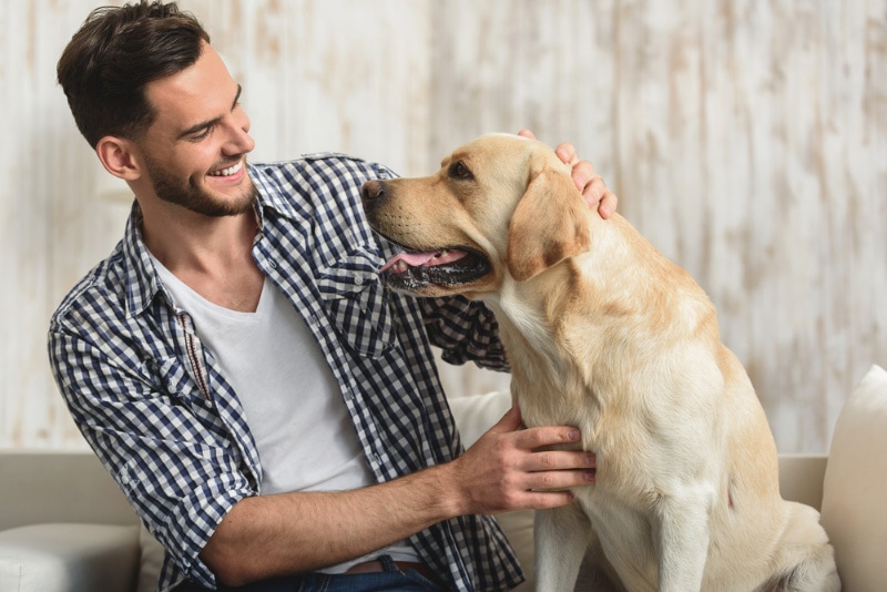 young man and his dog looking at each other