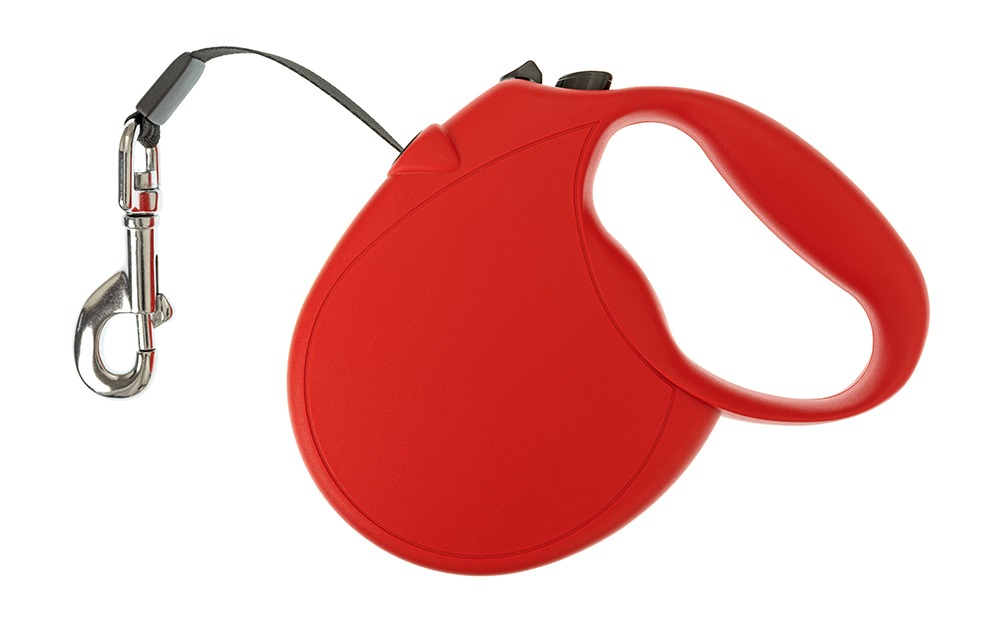 Top view of a retractable dog leash with a red plastic body and a metal clasp