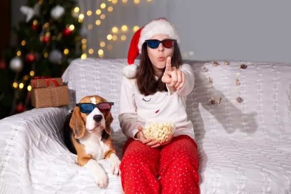 A girl in a Santa Claus hat and 3D glasses is sitting on the couch with a beagle dog