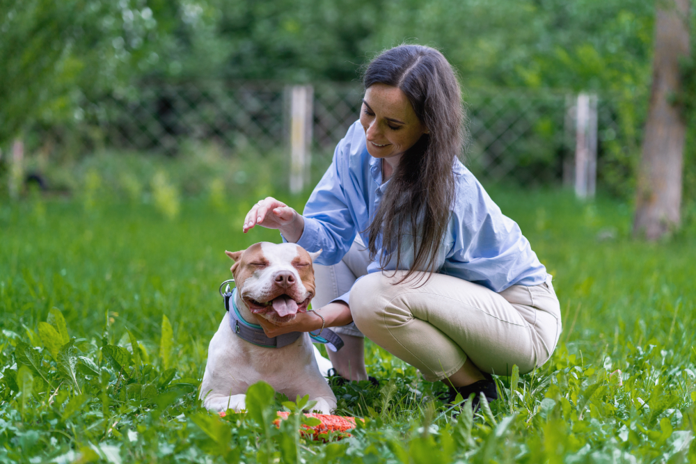 woman holding an american pitbull dog