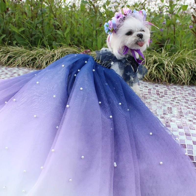 DESIGNER HANDMADE NOBLE NAVY BLUE TRAILING DOG PARTY DRESS