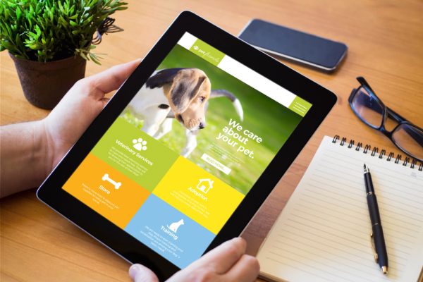 Person holding a tablet with dog adoption website