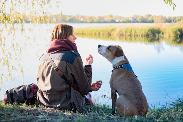 Woman communicating with her dog