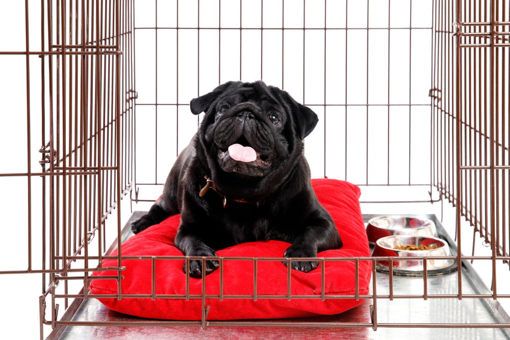 black pug inside the crate lying on the dog bed near the food bowl