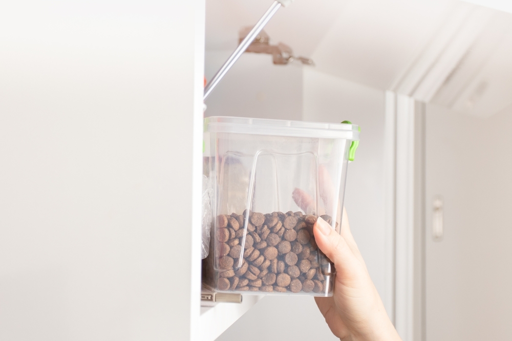 owner puts the pet food in the container box into the cupboard for proper storage