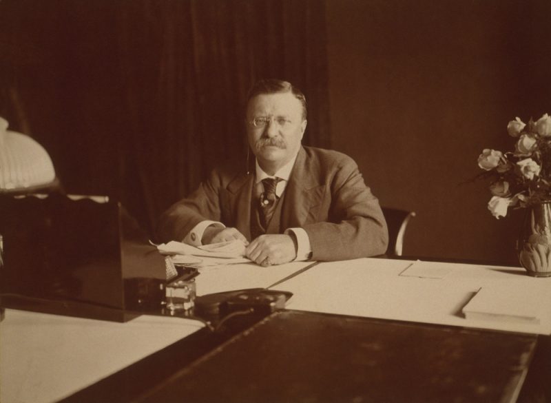 President Theodore Roosevelt (1858-1919), at his desk, 1907