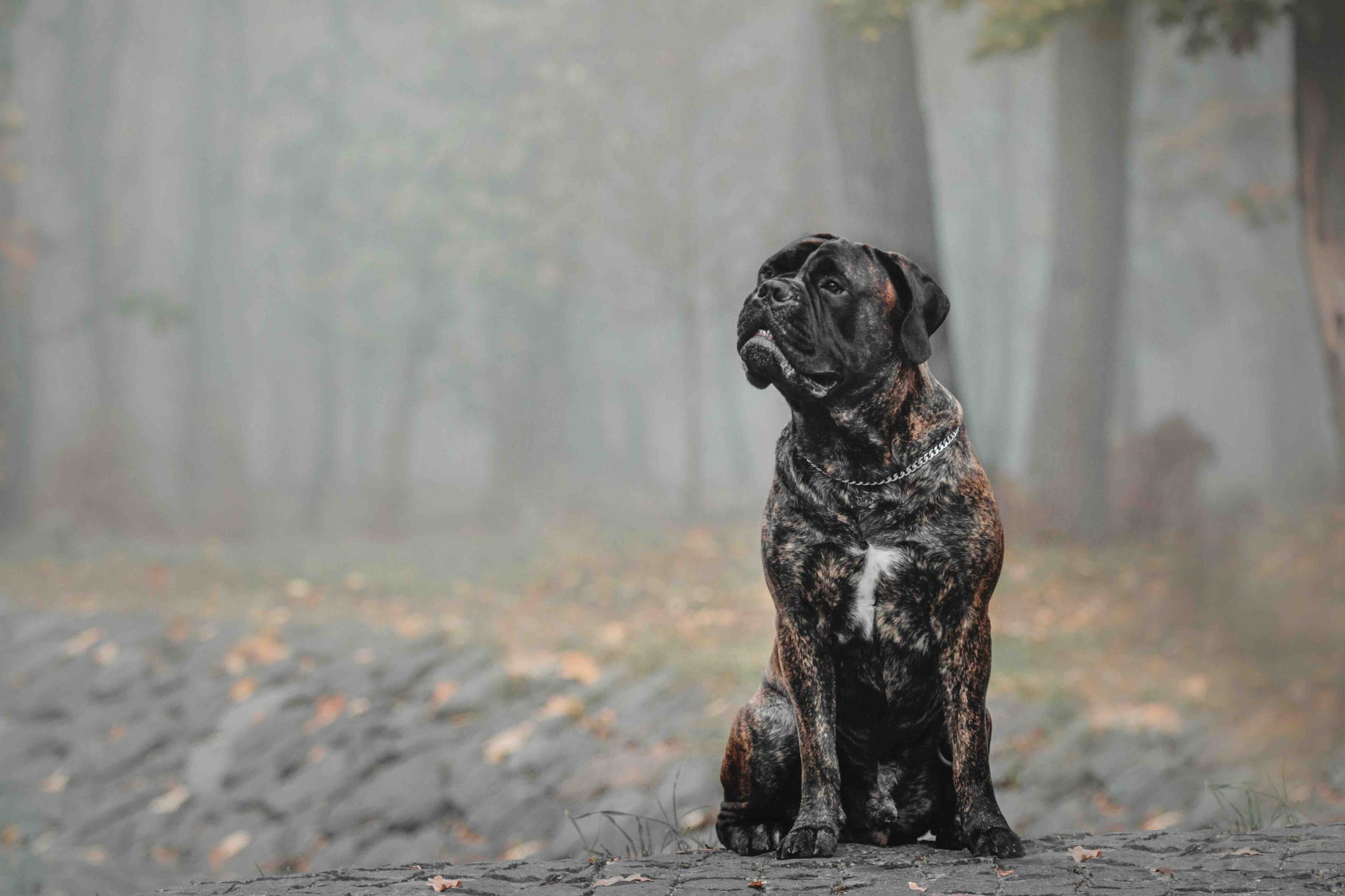 Dog sitting in park. Cold weather. Black Markings Bullmastiff dog breed. Giant dog. Fall, autumn season